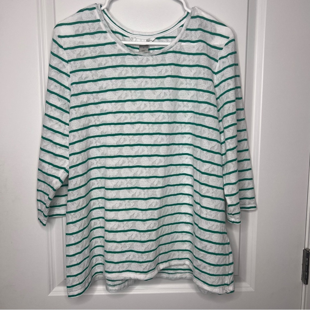 Christopher & Banks Top Women’s Sz XL 3/4 Sleeve, Green and White Striped
